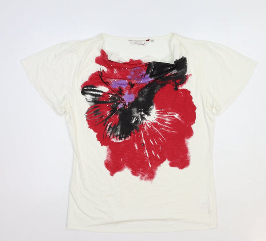 EWM Womens White Floral Viscose Basic T-Shirt Size M Cowl Neck