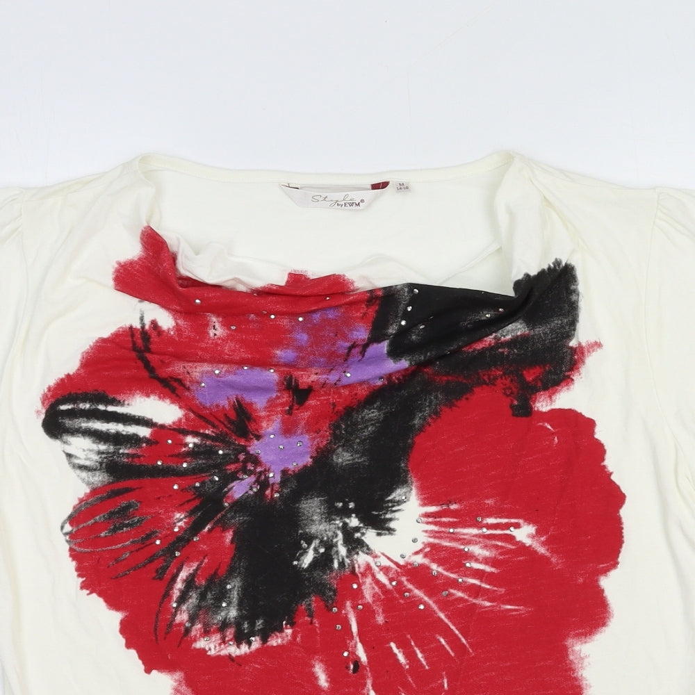 EWM Womens White Floral Viscose Basic T-Shirt Size M Cowl Neck
