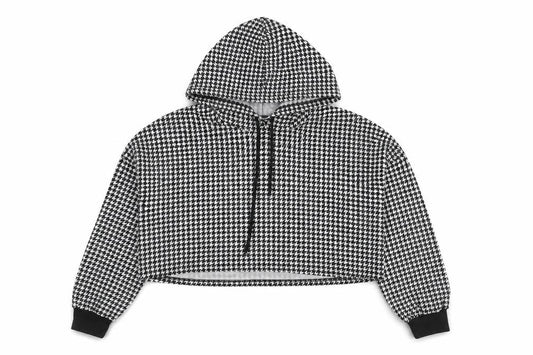 SheIn Womens Black Houndstooth Polyester Pullover Hoodie Size L Pullover - Cropped