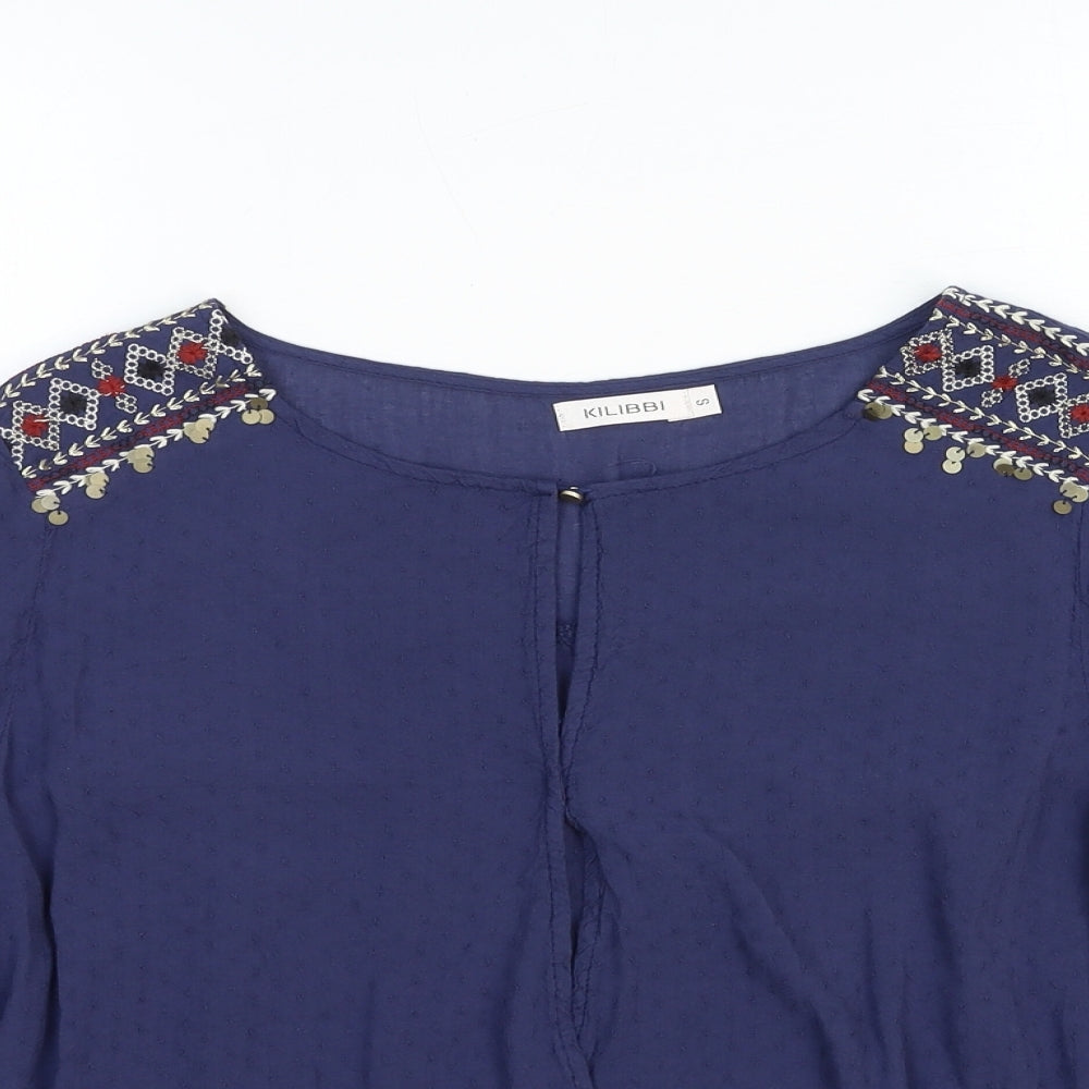 Kilibbi Womens Blue Cotton Basic Blouse Size S Round Neck