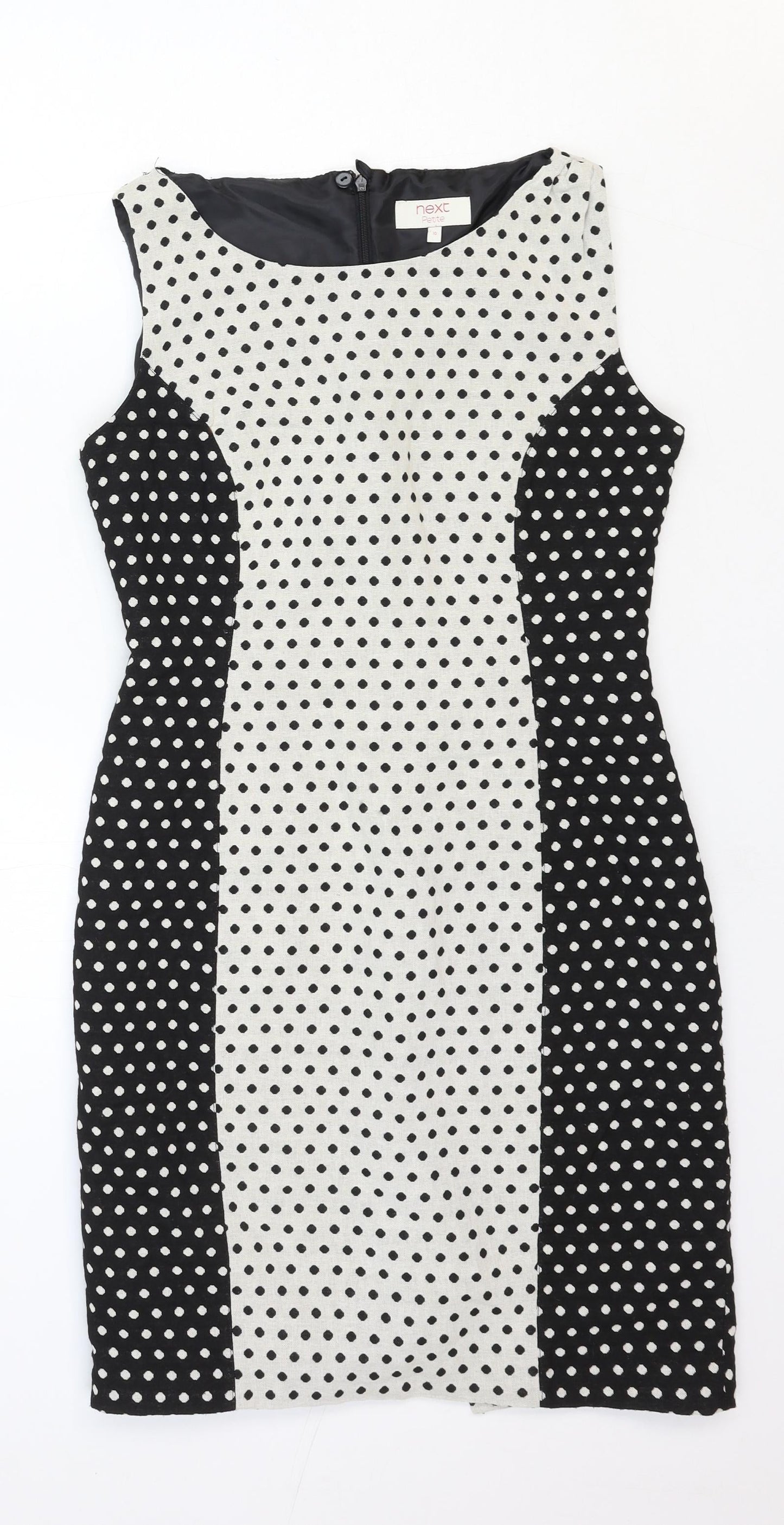 NEXT Womens White Polka Dot Cotton Shift Size 10 Round Neck Zip