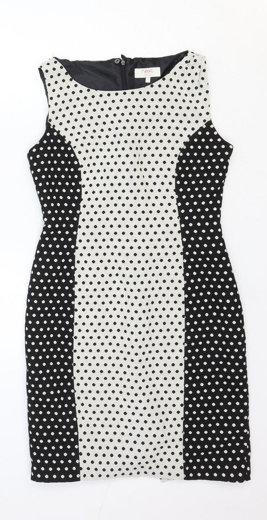 NEXT Womens White Polka Dot Cotton Shift Size 10 Round Neck Zip