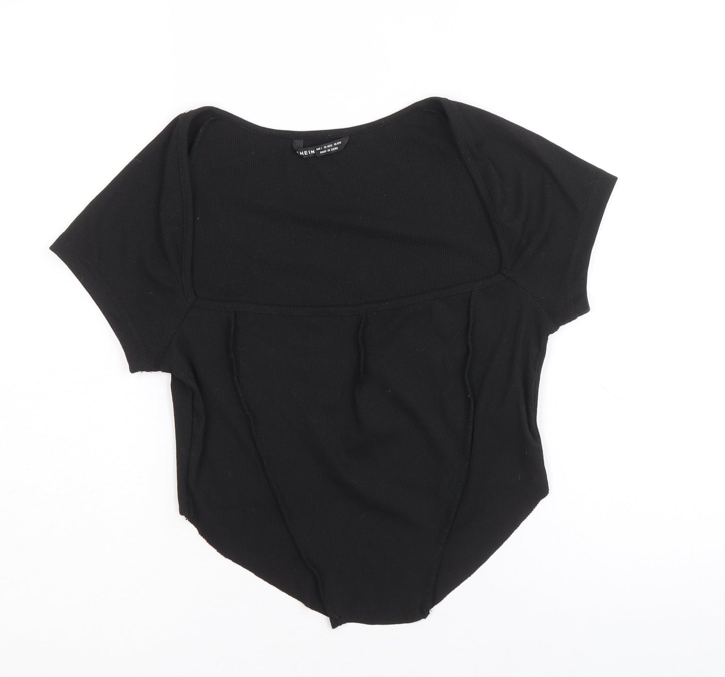 SheIn Womens Black Polyester Cropped T-Shirt Size L Square Neck - Asymmetric hem