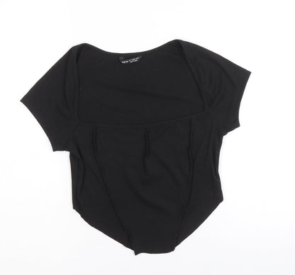 SheIn Womens Black Polyester Cropped T-Shirt Size L Square Neck - Asymmetric hem