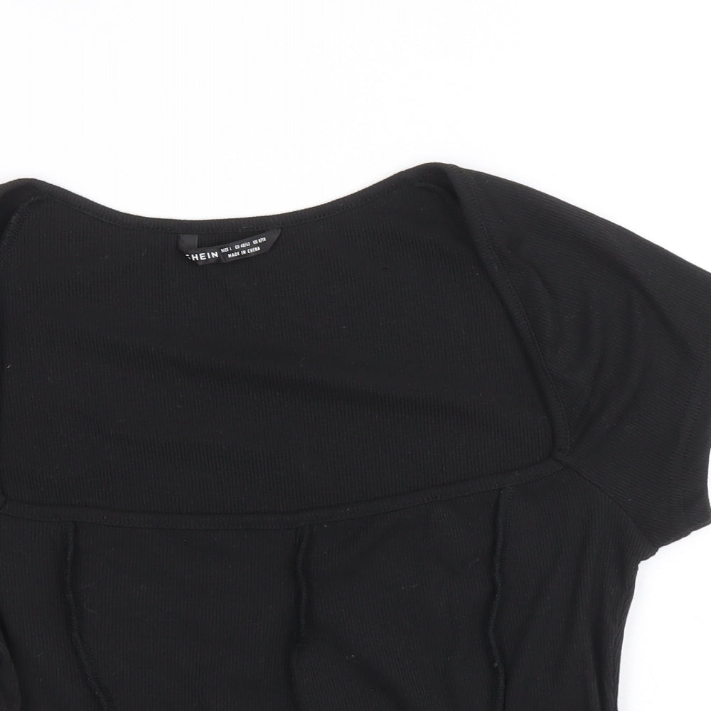 SheIn Womens Black Polyester Cropped T-Shirt Size L Square Neck - Asymmetric hem