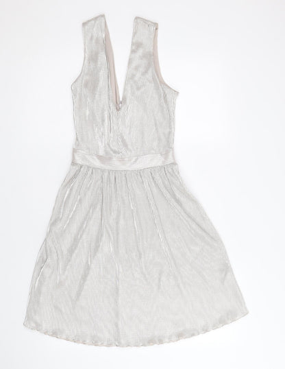 Miss Selfridge Womens Silver Polyester Skater Dress Size 8 V-Neck Zip