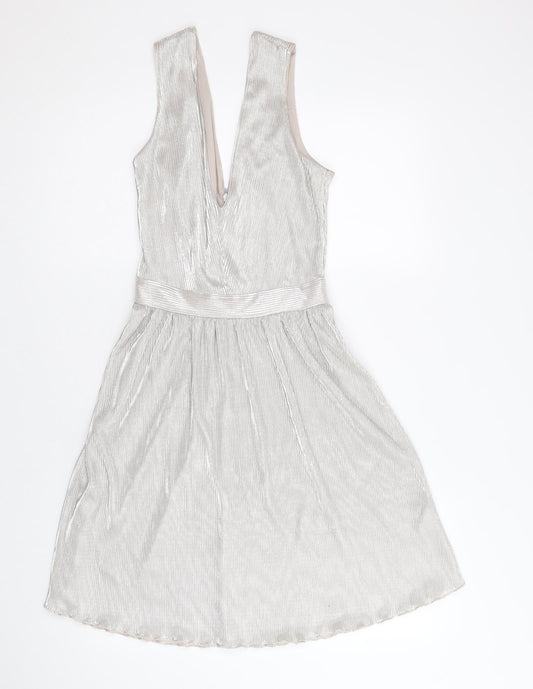 Miss Selfridge Womens Silver Polyester Skater Dress Size 8 V-Neck Zip