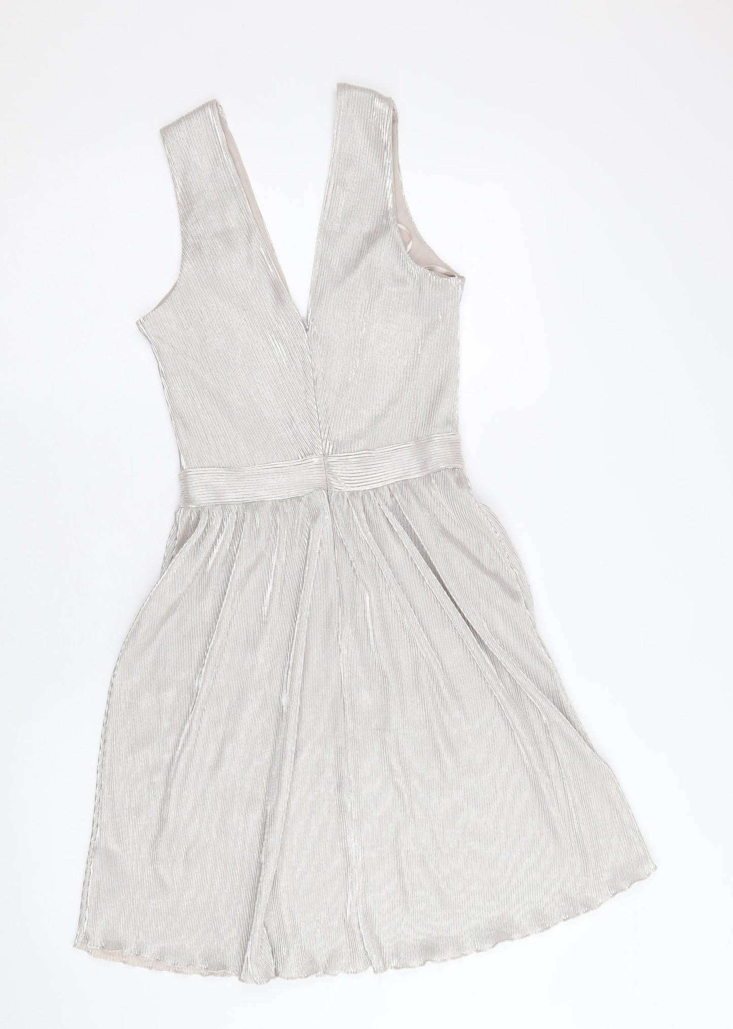 Miss Selfridge Womens Silver Polyester Skater Dress Size 8 V-Neck Zip