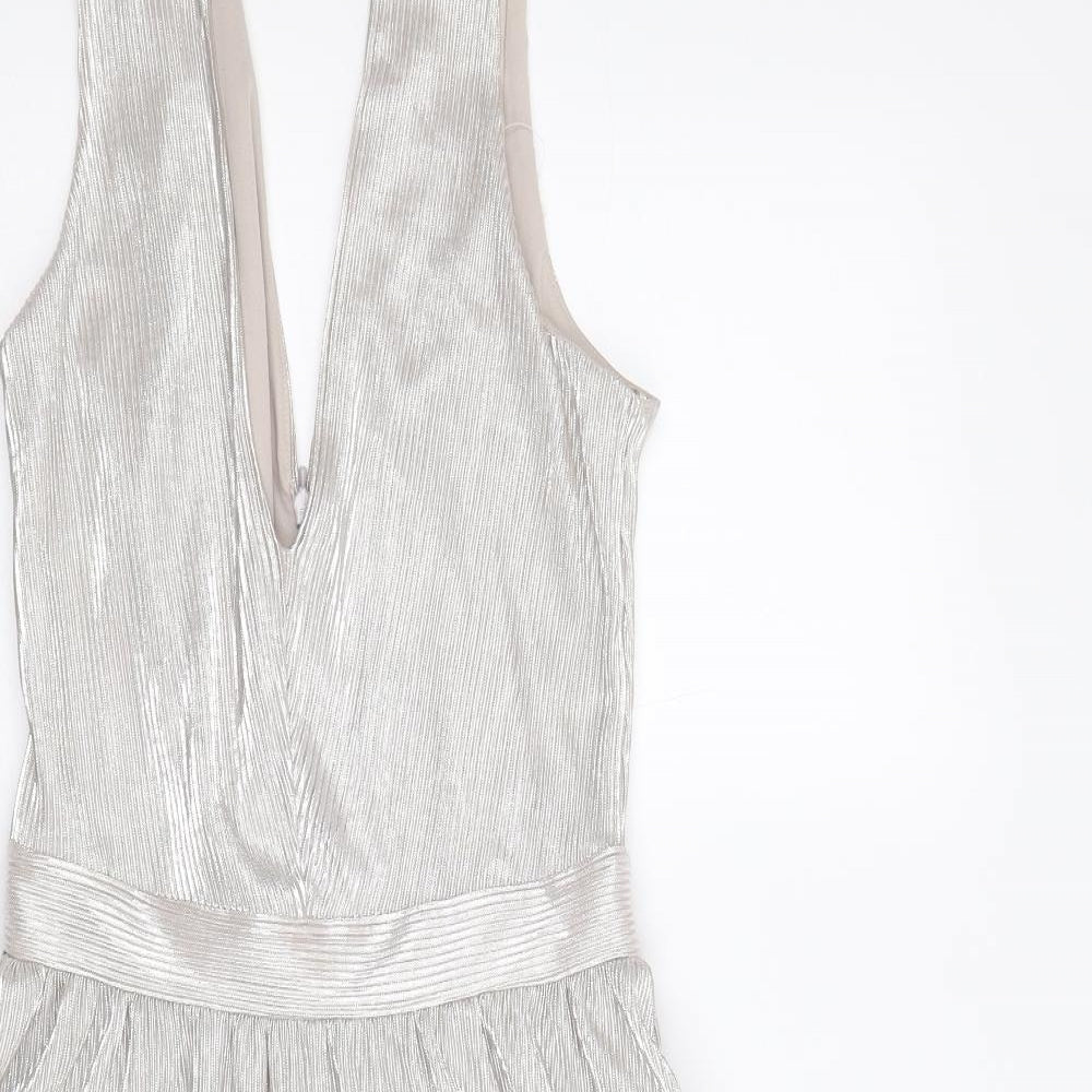 Miss Selfridge Womens Silver Polyester Skater Dress Size 8 V-Neck Zip