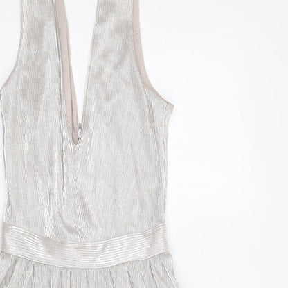 Miss Selfridge Womens Silver Polyester Skater Dress Size 8 V-Neck Zip