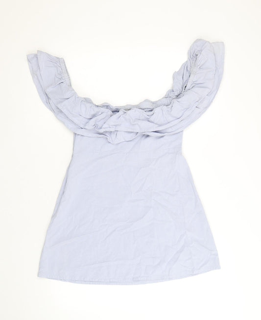 ASOS Womens Blue 100% Cotton A-Line Size 10 Off the Shoulder Zip