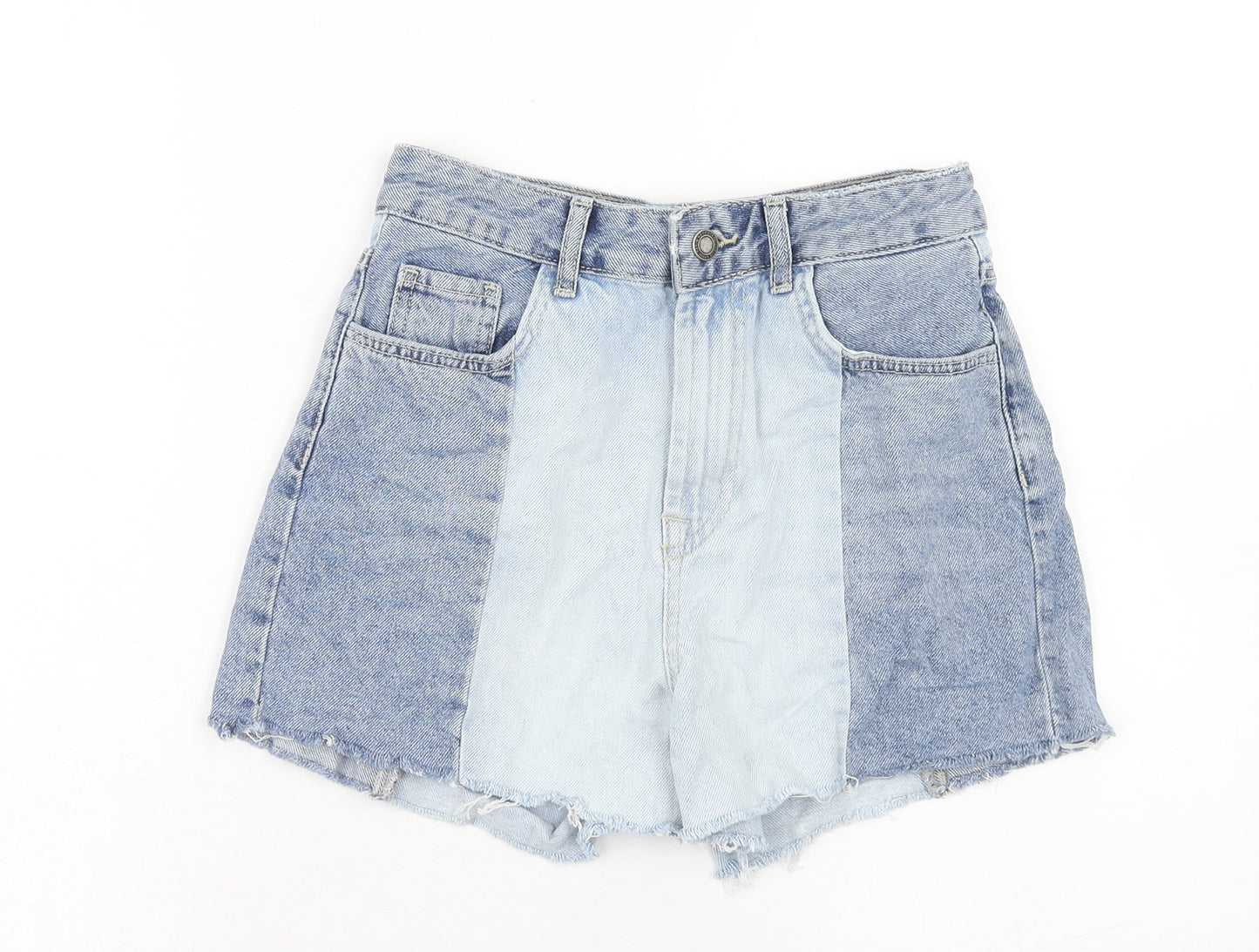 Stradivarius Womens Blue Check Cotton Cut-Off Shorts Size 6 Regular Zip