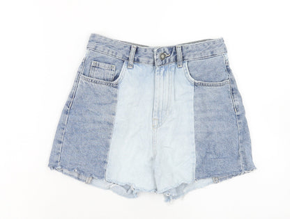 Stradivarius Womens Blue Check Cotton Cut-Off Shorts Size 6 Regular Zip