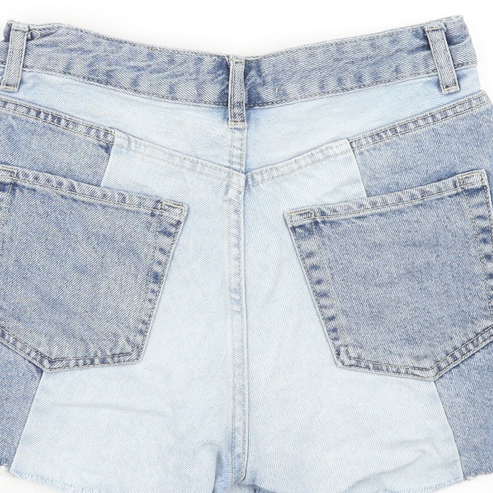 Stradivarius Womens Blue Check Cotton Cut-Off Shorts Size 6 Regular Zip