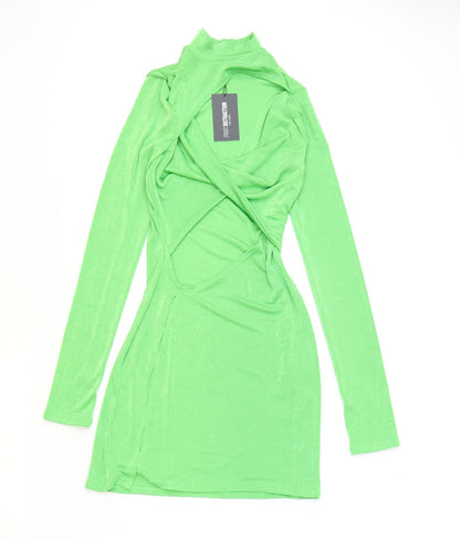 First Distraction Womens Green Polyester Bodycon Size 6 Mock Neck Pullover - Open Front