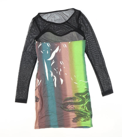 Cutie Womens Multicoloured 100% Cotton T-Shirt Dress Size S Scoop Neck Pullover - Mesh Sleeve, Size S-M