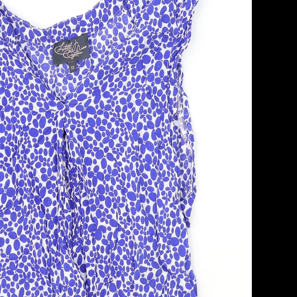 LITTLE MISS CAPTAIN Womens Blue Geometric Viscose Basic Blouse Size XS V-Neck