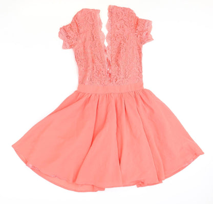 Missguided Womens Pink Polyester Skater Dress Size 6 V-Neck Zip