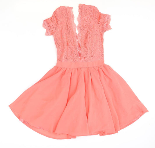 Missguided Womens Pink Polyester Skater Dress Size 6 V-Neck Zip