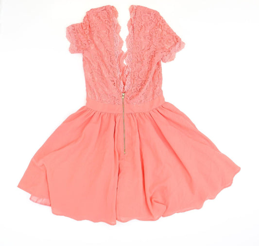 Missguided Womens Pink Polyester Skater Dress Size 6 V-Neck Zip