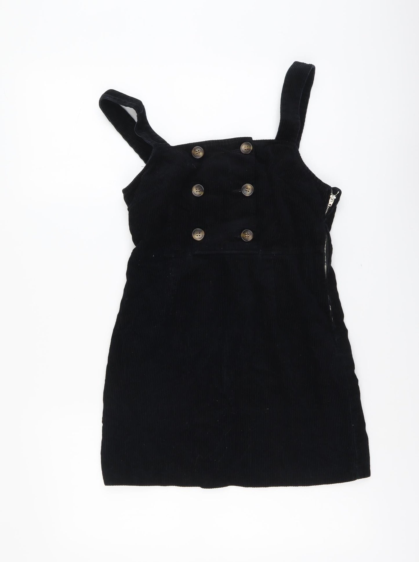 Miss Selfridge Womens Black Cotton Pinafore/Dungaree Dress Size 6 Square Neck Zip