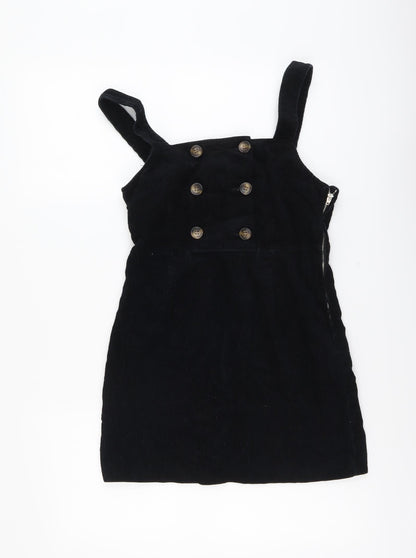 Miss Selfridge Womens Black Cotton Pinafore/Dungaree Dress Size 6 Square Neck Zip