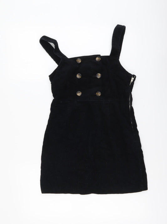 Miss Selfridge Womens Black Cotton Pinafore/Dungaree Dress Size 6 Square Neck Zip