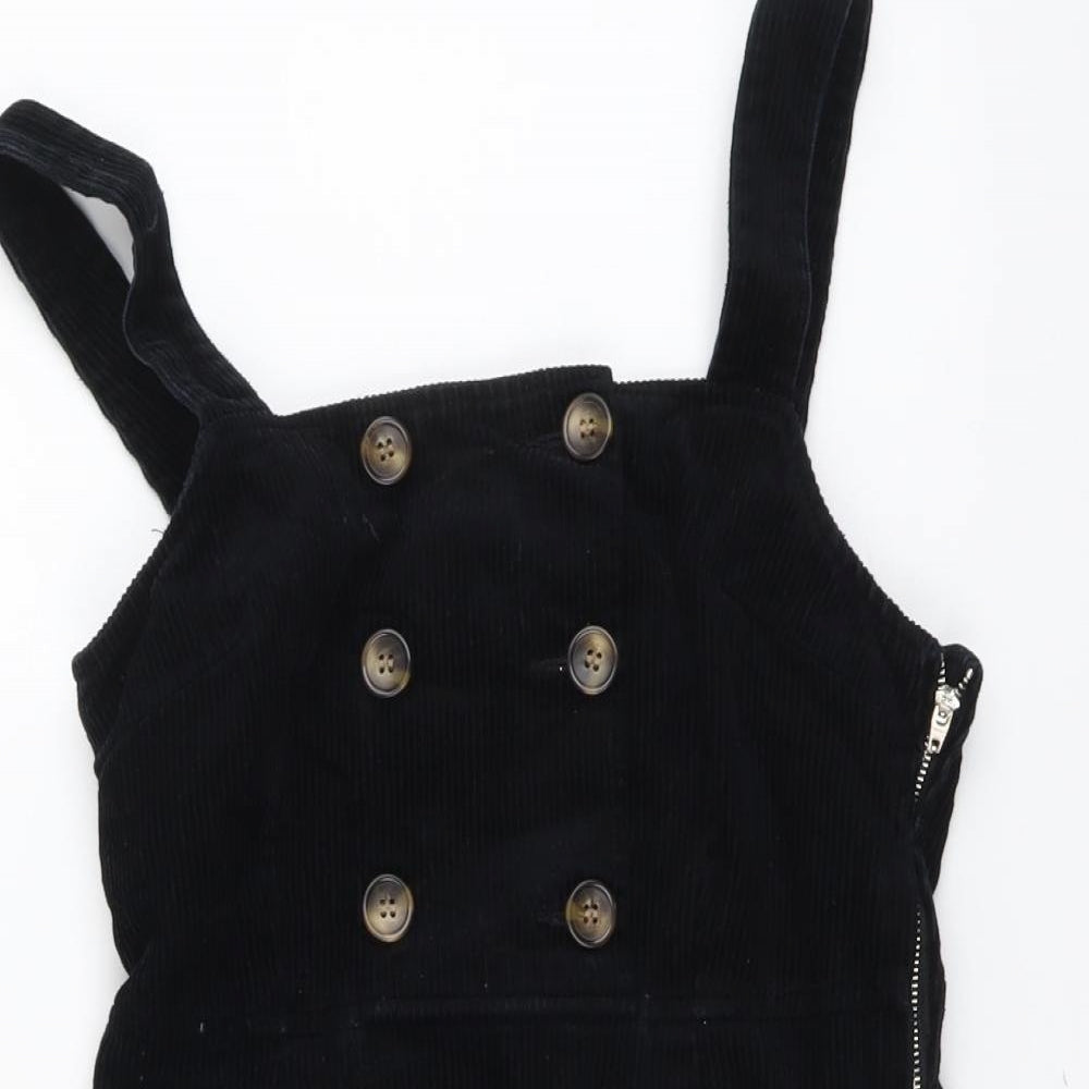 Miss Selfridge Womens Black Cotton Pinafore/Dungaree Dress Size 6 Square Neck Zip