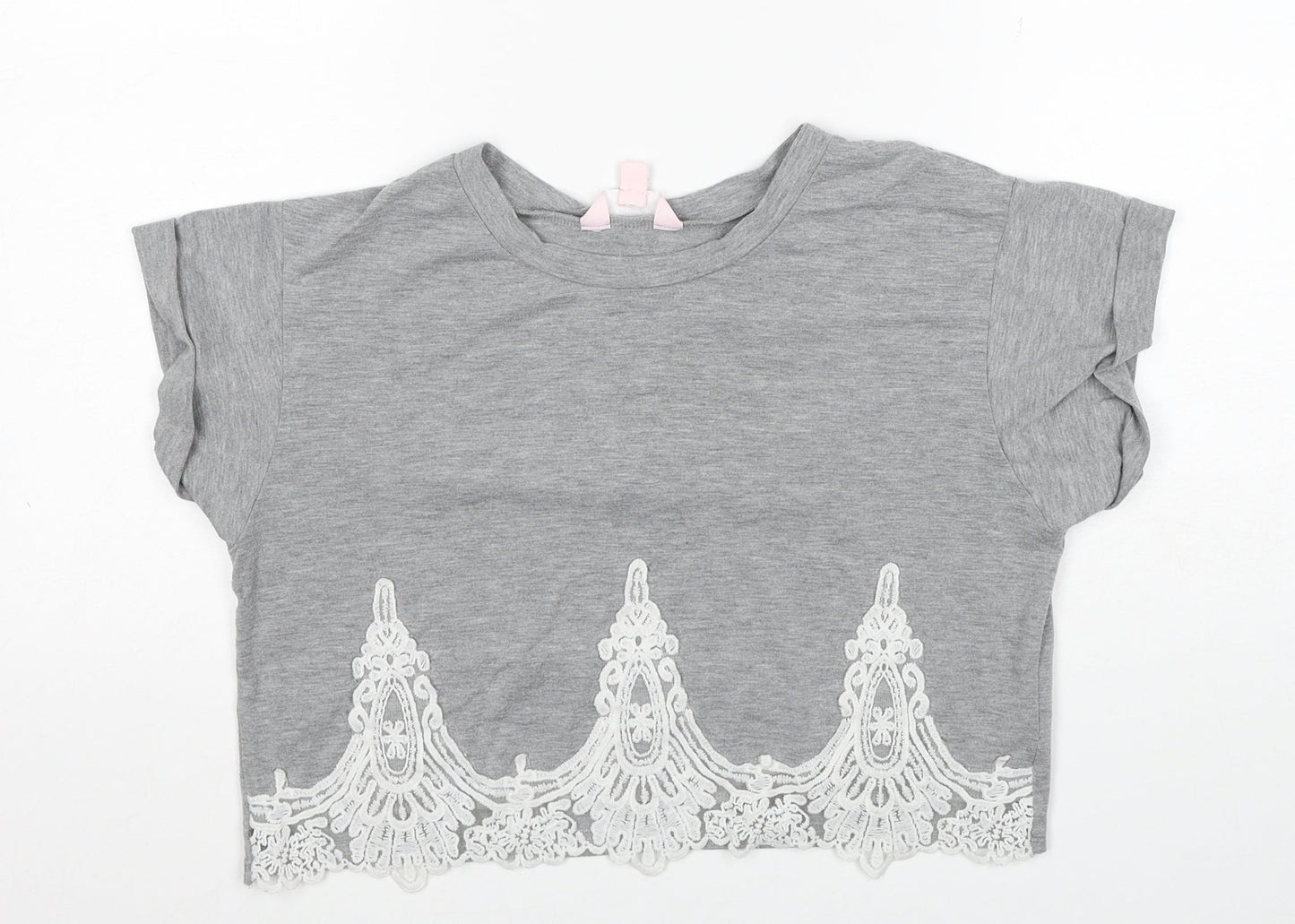 Miss Selfridge Womens Grey Polyester Cropped T-Shirt Size 8 Scoop Neck