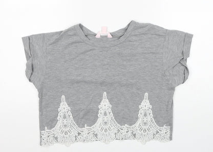 Miss Selfridge Womens Grey Polyester Cropped T-Shirt Size 8 Scoop Neck