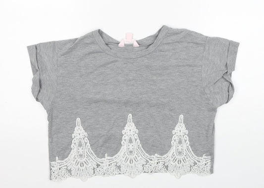 Miss Selfridge Womens Grey Polyester Cropped T-Shirt Size 8 Scoop Neck