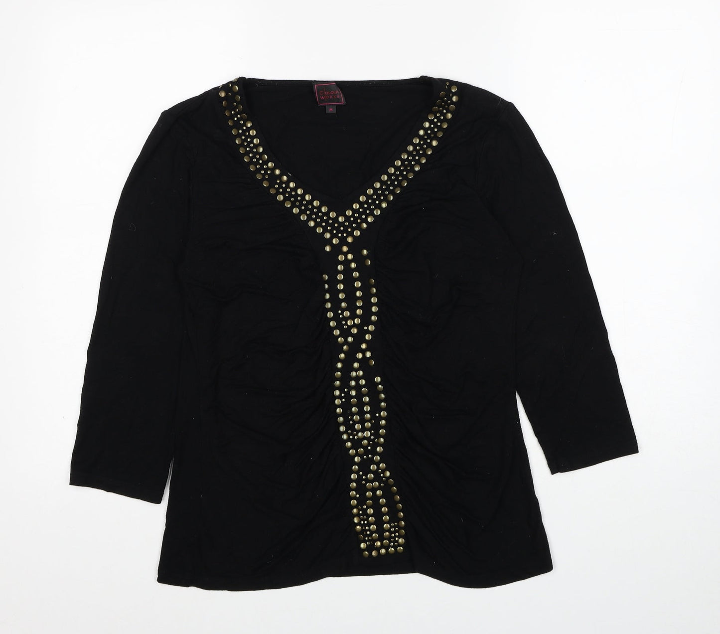 Colour Works Womens Black Viscose Basic T-Shirt Size M V-Neck