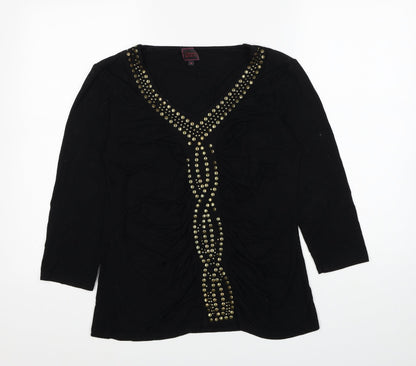 Colour Works Womens Black Viscose Basic T-Shirt Size M V-Neck