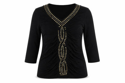Colour Works Womens Black Viscose Basic T-Shirt Size M V-Neck