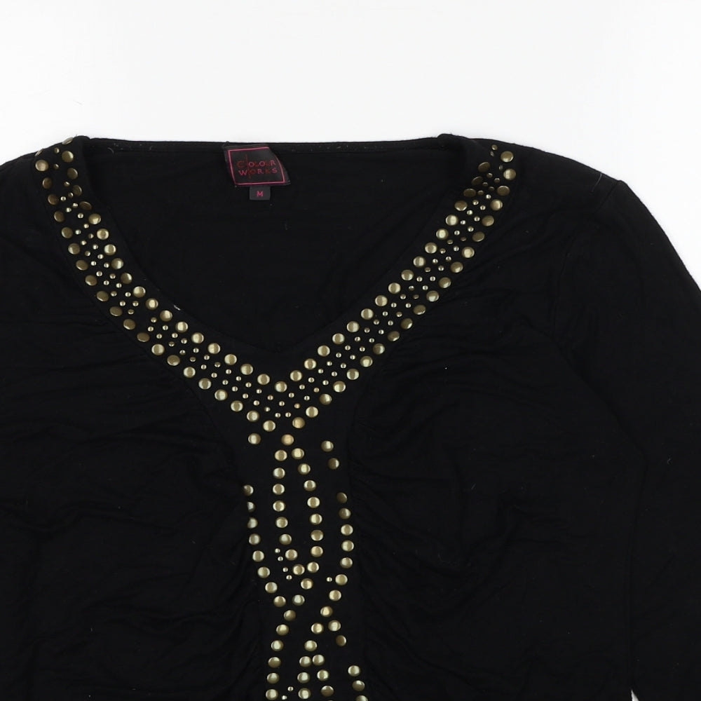 Colour Works Womens Black Viscose Basic T-Shirt Size M V-Neck