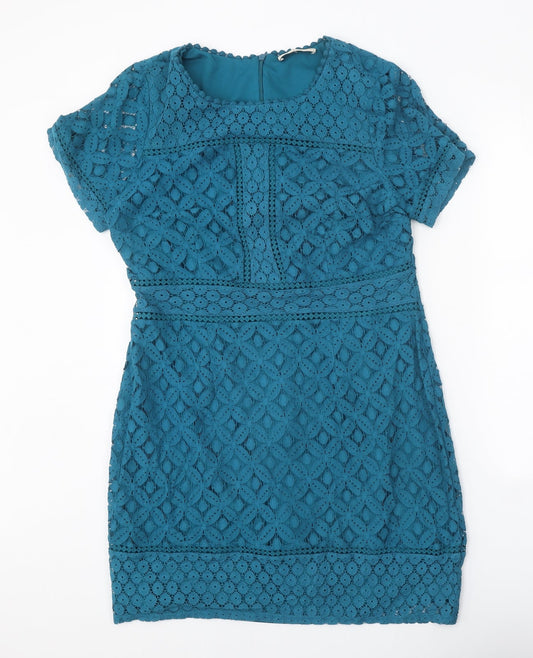 Oasis Womens Blue Cotton Sheath Size L Round Neck Zip