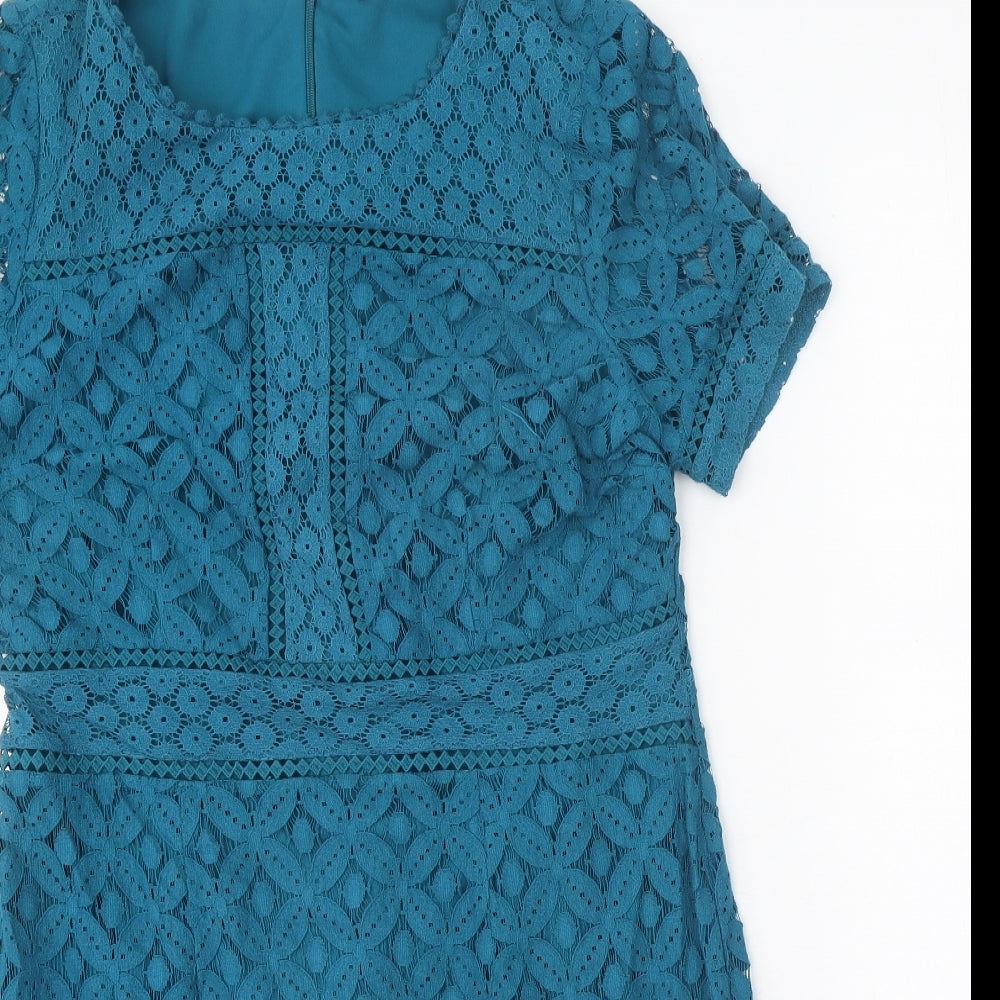 Oasis Womens Blue Cotton Sheath Size L Round Neck Zip