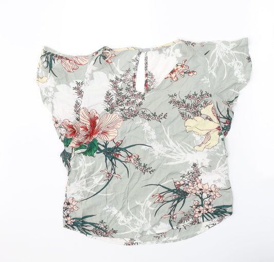 b.young Womens Green Floral Viscose Basic Blouse Size 6 V-Neck