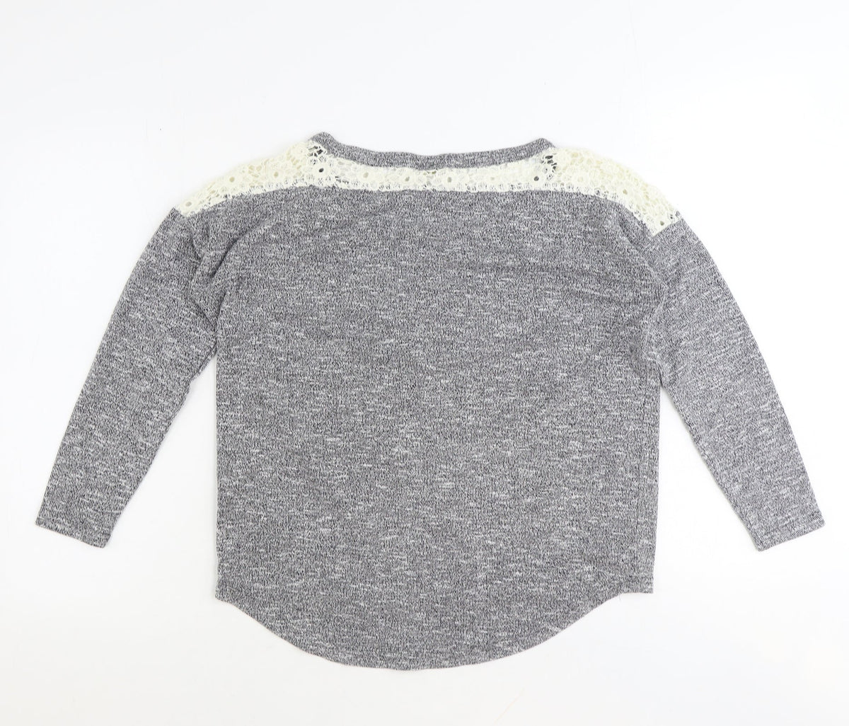 Back view of Ged London women’s grey round neck polyester jumper, size S, pullover