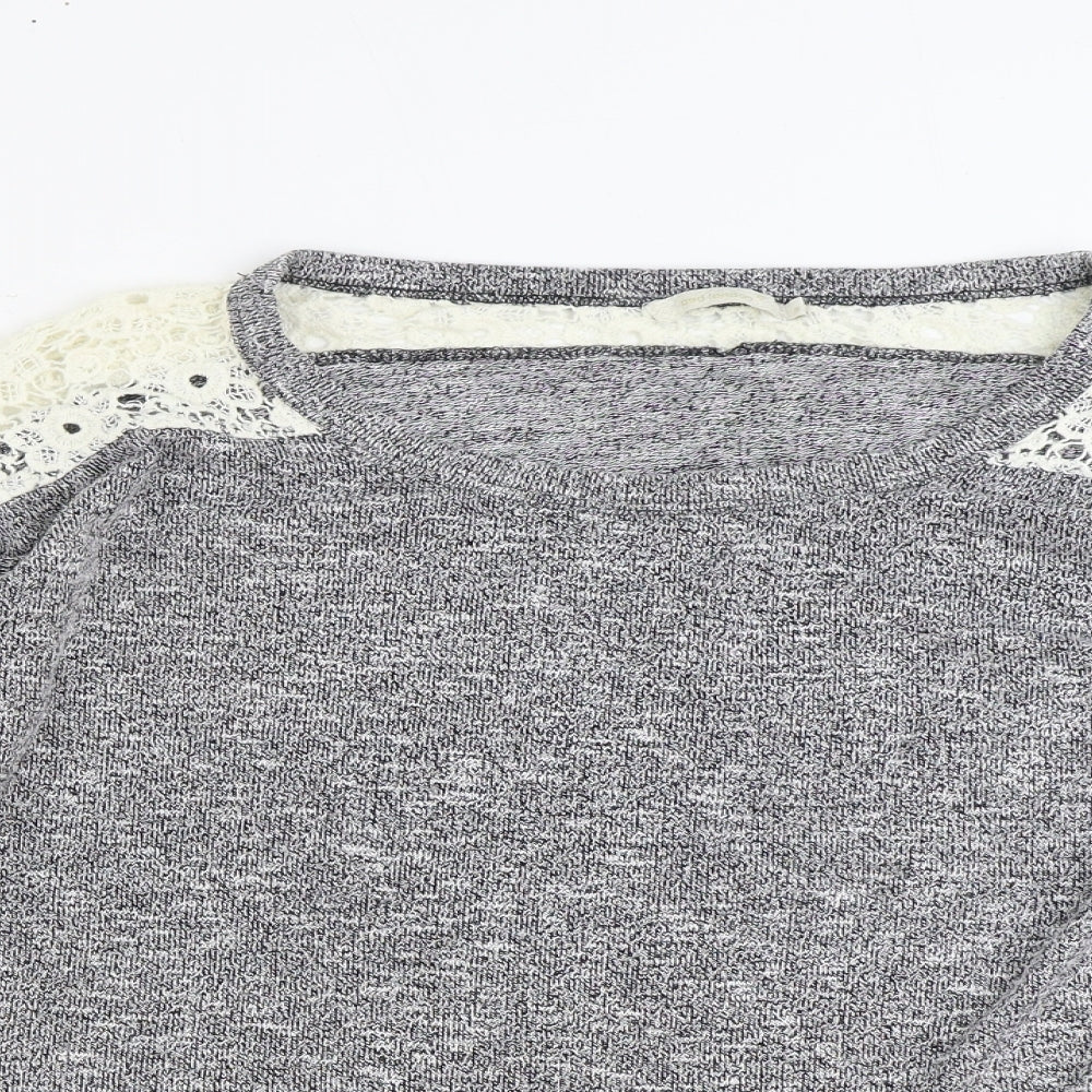 Close-up detail of Ged London women’s grey round neck polyester jumper, size S, pullover