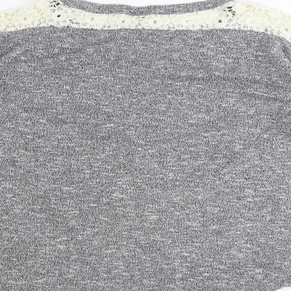Brand and care label for Ged London women’s grey round neck polyester jumper, size S, pullover