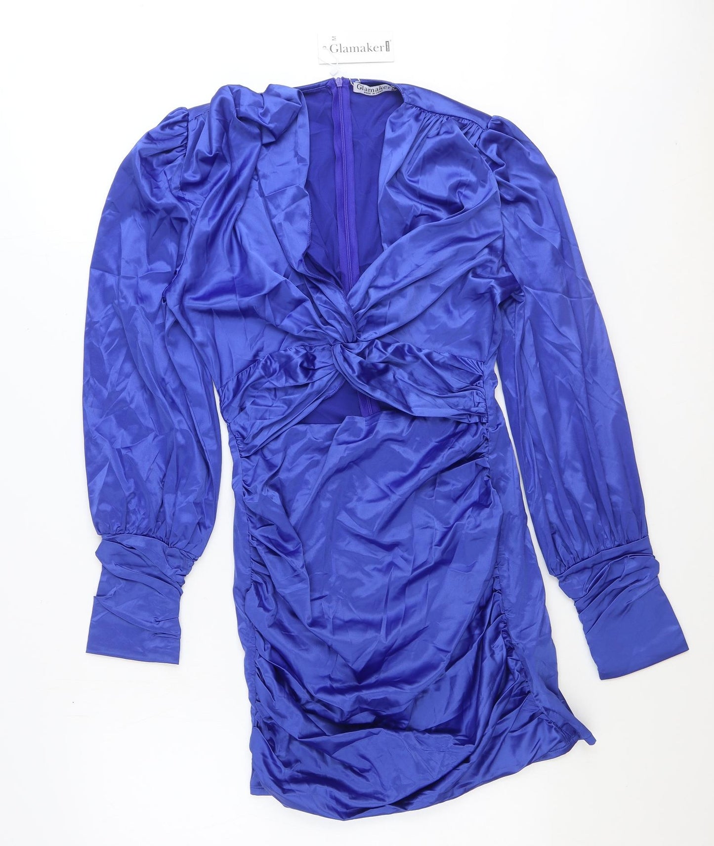Glamaker Womens Blue Polyester Shirt Dress Size M V-Neck Zip