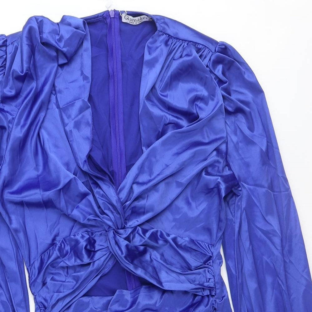 Glamaker Womens Blue Polyester Shirt Dress Size M V-Neck Zip