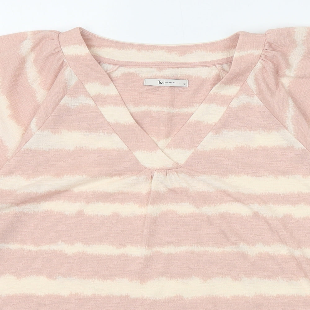 TU Womens Pink Geometric Polyester Basic T-Shirt Size 12 V-Neck