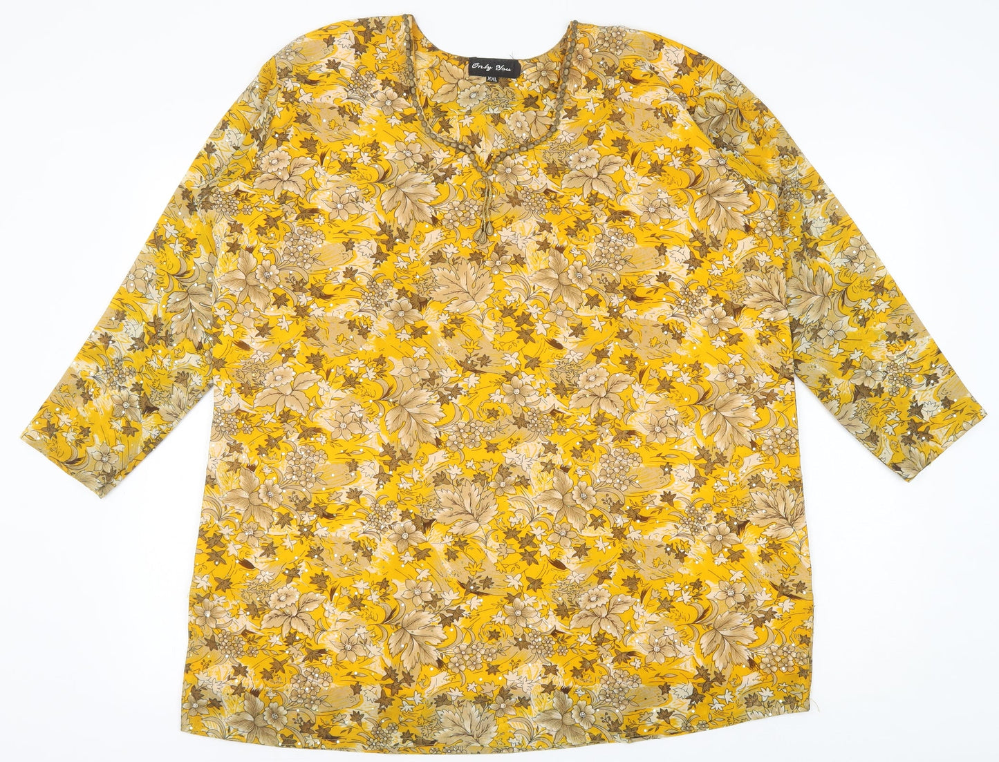 Only You Womens Yellow Floral Polyester Tunic Blouse Size 2XL Scoop Neck
