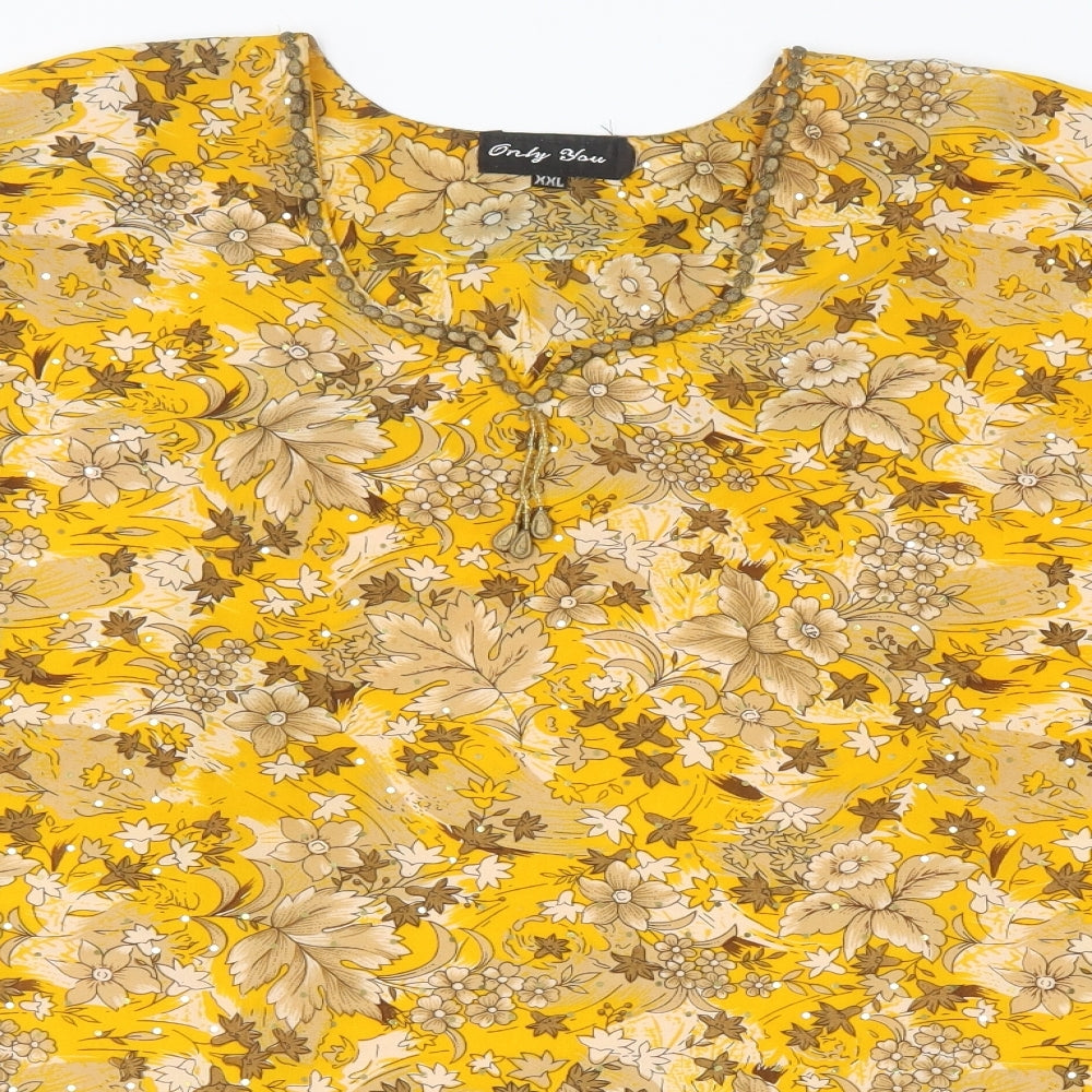 Only You Womens Yellow Floral Polyester Tunic Blouse Size 2XL Scoop Neck