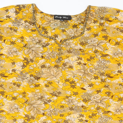 Only You Womens Yellow Floral Polyester Tunic Blouse Size 2XL Scoop Neck
