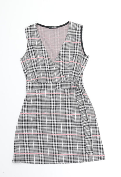 Quiz Womens Black Plaid Polyester A-Line Size 6 V-Neck Pullover