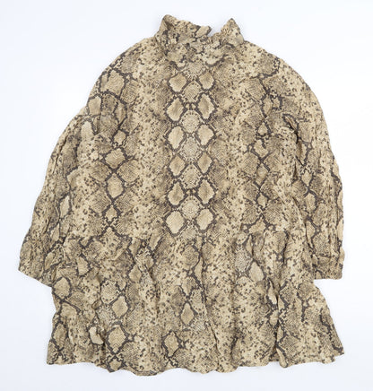 Zara Womens Beige Animal Print Polyester Shift Size 2XL High Neck Button - Snake Print