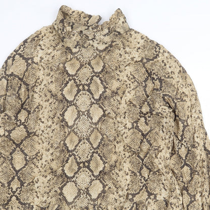 Zara Womens Beige Animal Print Polyester Shift Size 2XL High Neck Button - Snake Print